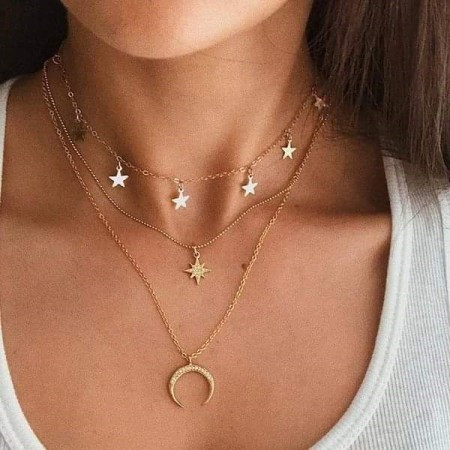 3 Leyer Moon Star Pendant Necklace